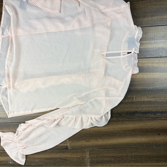 Sheer Pink size S Ruffle Mock Neck Blouse Top Long Sleeve Balloon Sleeves Cuff - Picture 8 of 8